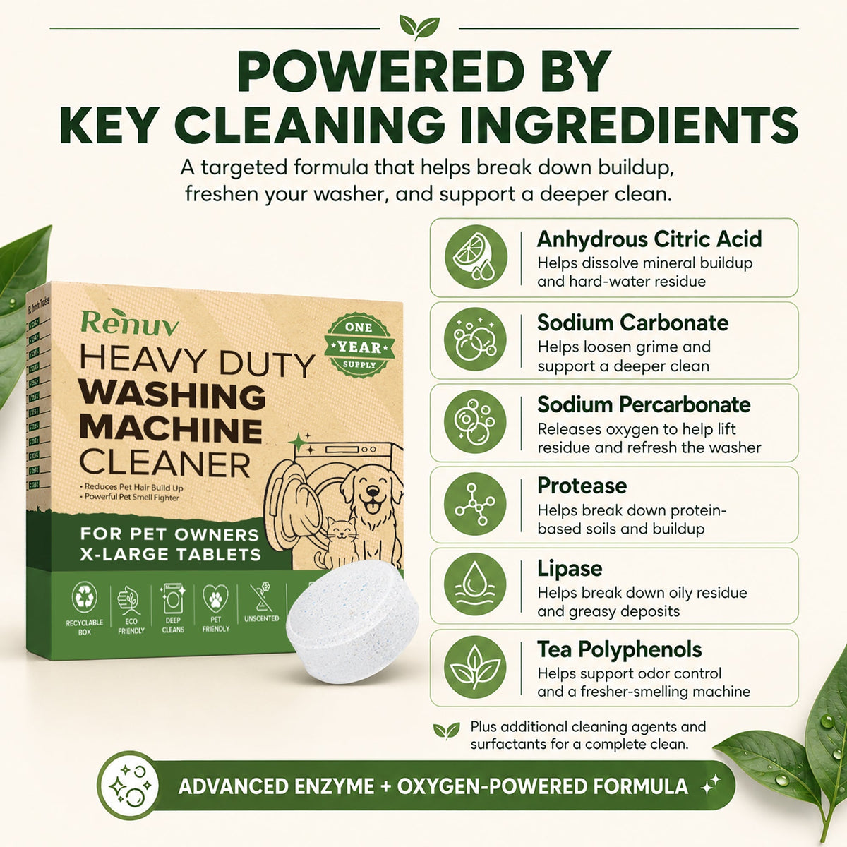 Washing Machine Cleaner for Pet Hair & Odor - 12 XL Tablets