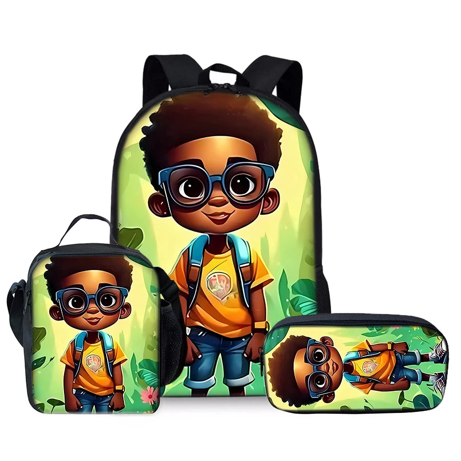 African Boy 3Pcs/Set Backpacks With Lunch Bags ,Pencil Bag,School Bag for Boy/Girls Best Gift 3D Cartoon Student SchoolBags