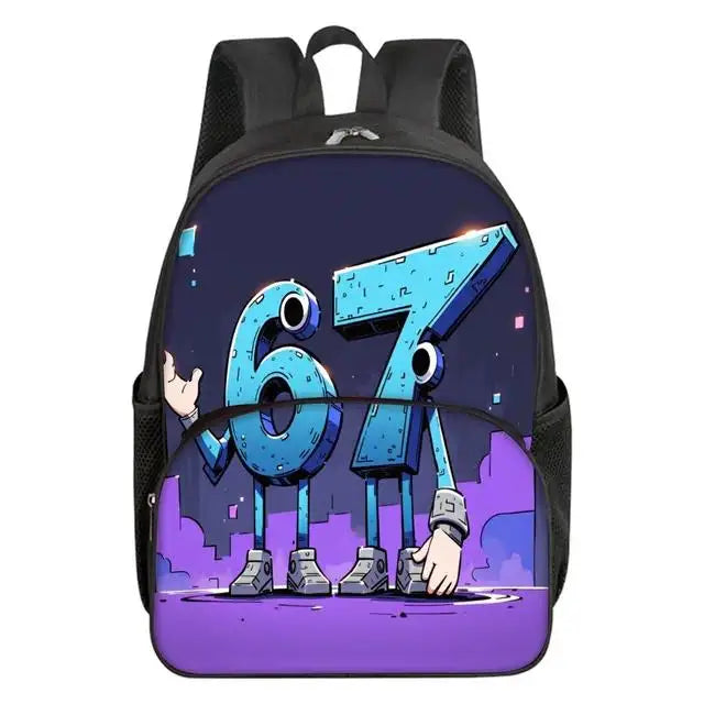 Colorful Number 67 Print Waterproof Polyester 3D Cartoon School Backpack with Front Pocket for Unisex Children