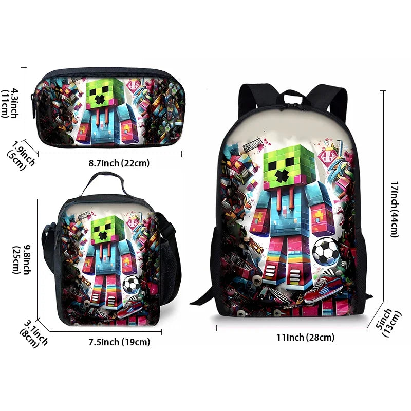 3D Cartoon School Backpack Set Waterproof Game My World Character Three Piece for Boys and Girls Best Gift for Children