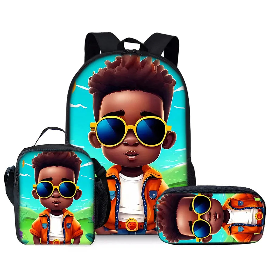 African Boy 3Pcs/Set Backpacks With Lunch Bags ,Pencil Bag,School Bag for Boy/Girls Best Gift 3D Cartoon Student SchoolBags