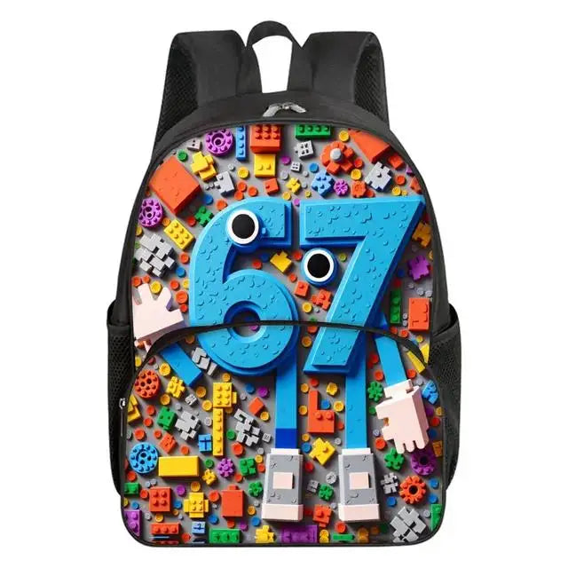 Colorful Number 67 Print Waterproof Polyester 3D Cartoon School Backpack with Front Pocket for Unisex Children