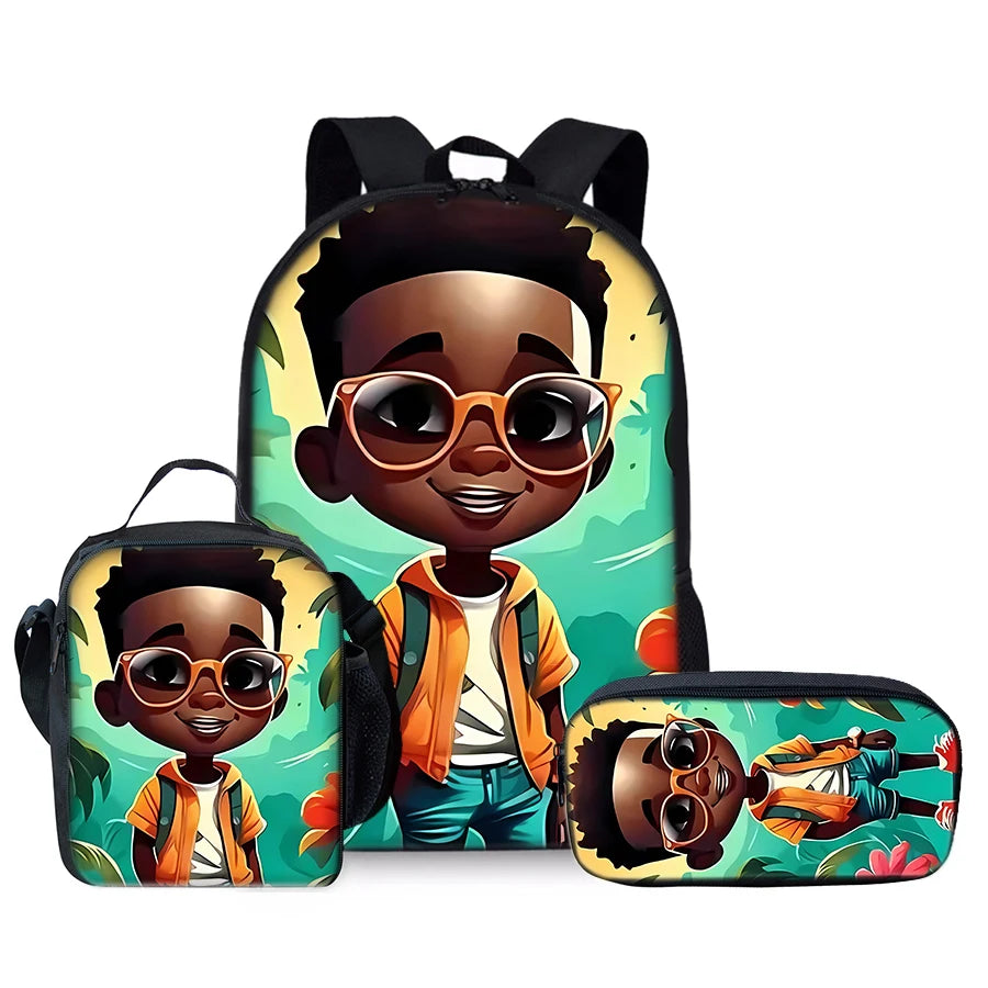 African Boy 3Pcs/Set Backpacks With Lunch Bags ,Pencil Bag,School Bag for Boy/Girls Best Gift 3D Cartoon Student SchoolBags