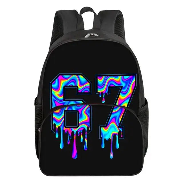 Colorful Number 67 Print Waterproof Polyester 3D Cartoon School Backpack with Front Pocket for Unisex Children