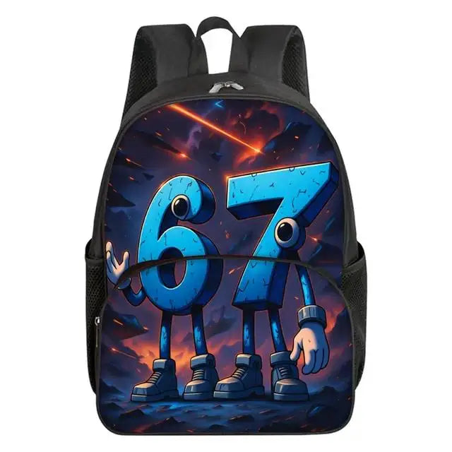 Colorful Number 67 Print Waterproof Polyester 3D Cartoon School Backpack with Front Pocket for Unisex Children