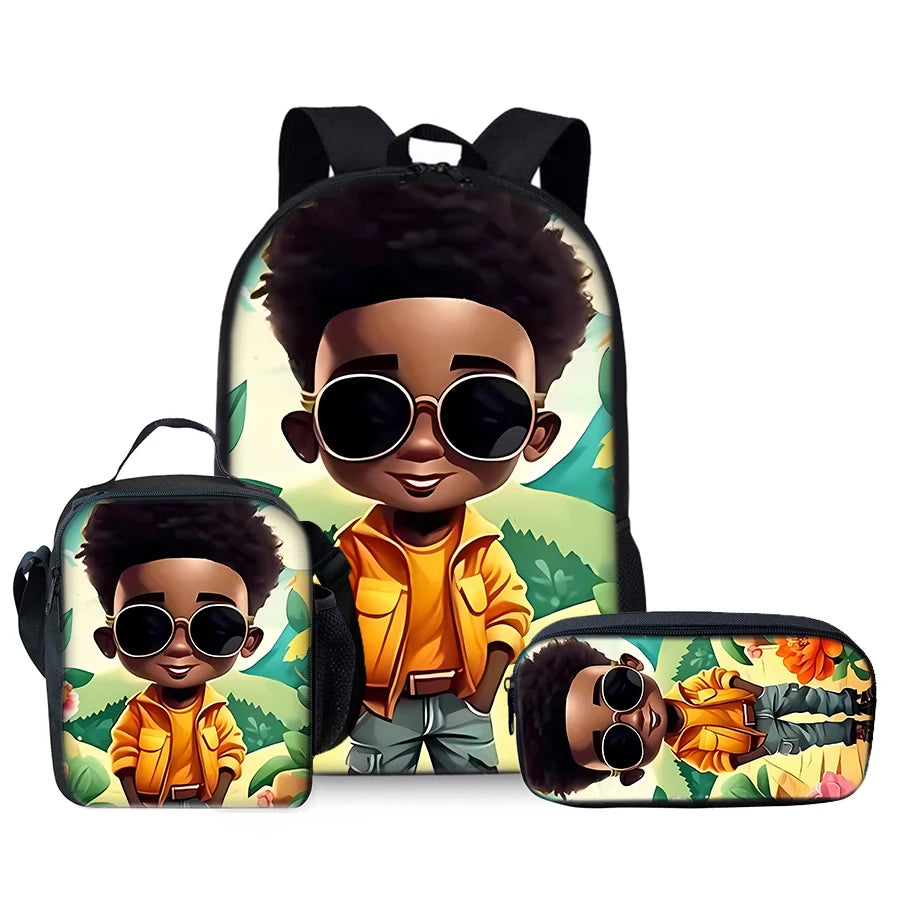 African Boy 3Pcs/Set Backpacks With Lunch Bags ,Pencil Bag,School Bag for Boy/Girls Best Gift 3D Cartoon Student SchoolBags