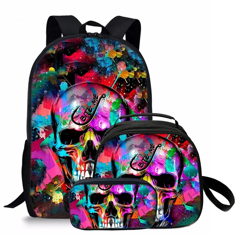 Set Three Unisex Cool Skull Printed Student Backpacks Fashionable Waterproof Polyester Lining Zipper Closure Colorful Stylish