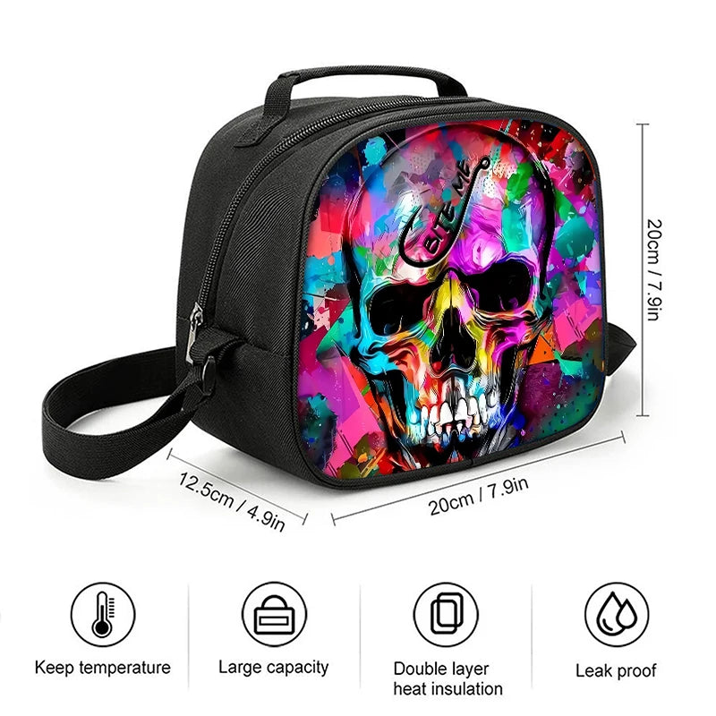 Set Three Unisex Cool Skull Printed Student Backpacks Fashionable Waterproof Polyester Lining Zipper Closure Colorful Stylish