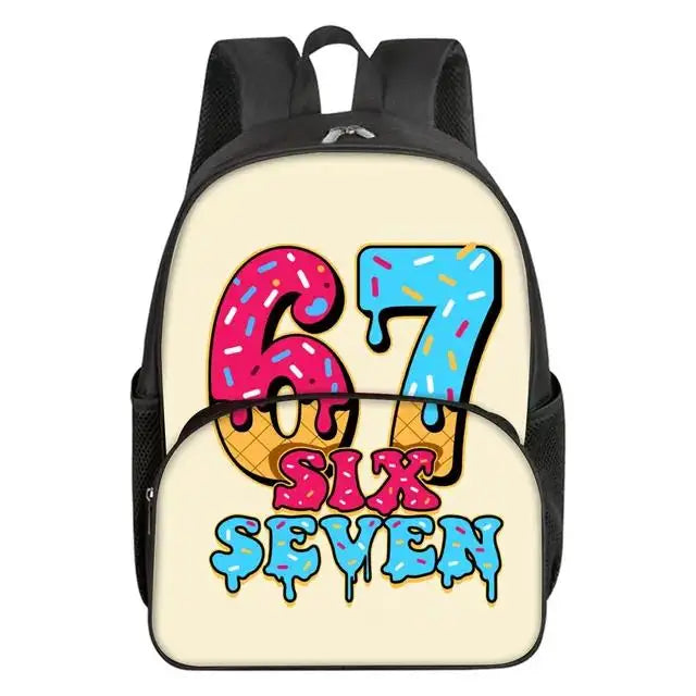 Colorful Number 67 Print Waterproof Polyester 3D Cartoon School Backpack with Front Pocket for Unisex Children