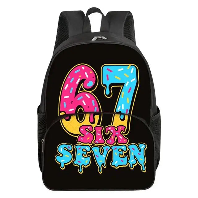 Colorful Number 67 Print Waterproof Polyester 3D Cartoon School Backpack with Front Pocket for Unisex Children