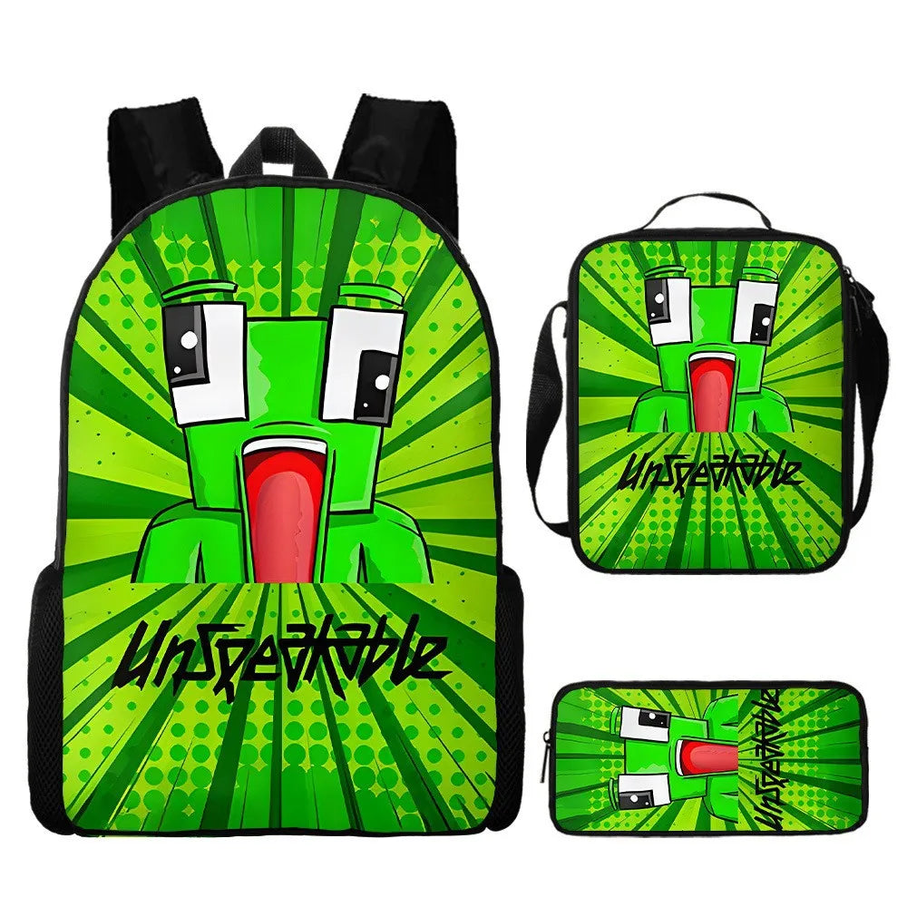 Frog-Headed Nylon School Backpack Large Capacity Breathable Ultra-Lightweight Three-Piece Set for Primary Middle School Students