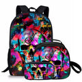 Set Three Unisex Cool Skull Printed Student Backpacks Fashionable Waterproof Polyester Lining Zipper Closure Colorful Stylish