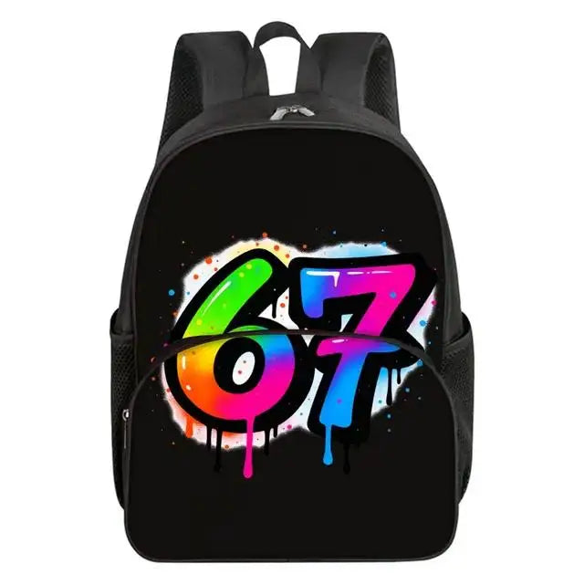 Colorful Number 67 Print Waterproof Polyester 3D Cartoon School Backpack with Front Pocket for Unisex Children