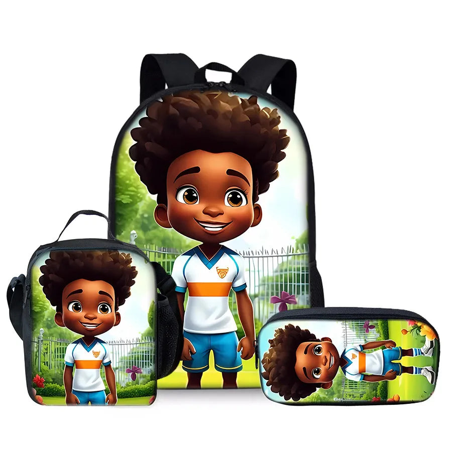 African Boy 3Pcs/Set Backpacks With Lunch Bags ,Pencil Bag,School Bag for Boy/Girls Best Gift 3D Cartoon Student SchoolBags