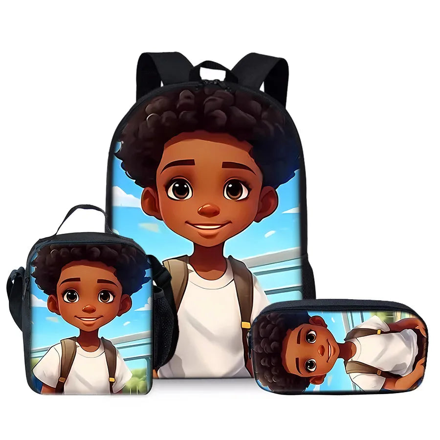 African Boy 3Pcs/Set Backpacks With Lunch Bags ,Pencil Bag,School Bag for Boy/Girls Best Gift 3D Cartoon Student SchoolBags