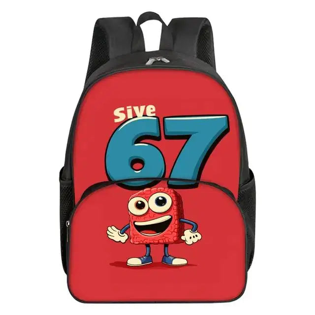 Colorful Number 67 Print Waterproof Polyester 3D Cartoon School Backpack with Front Pocket for Unisex Children