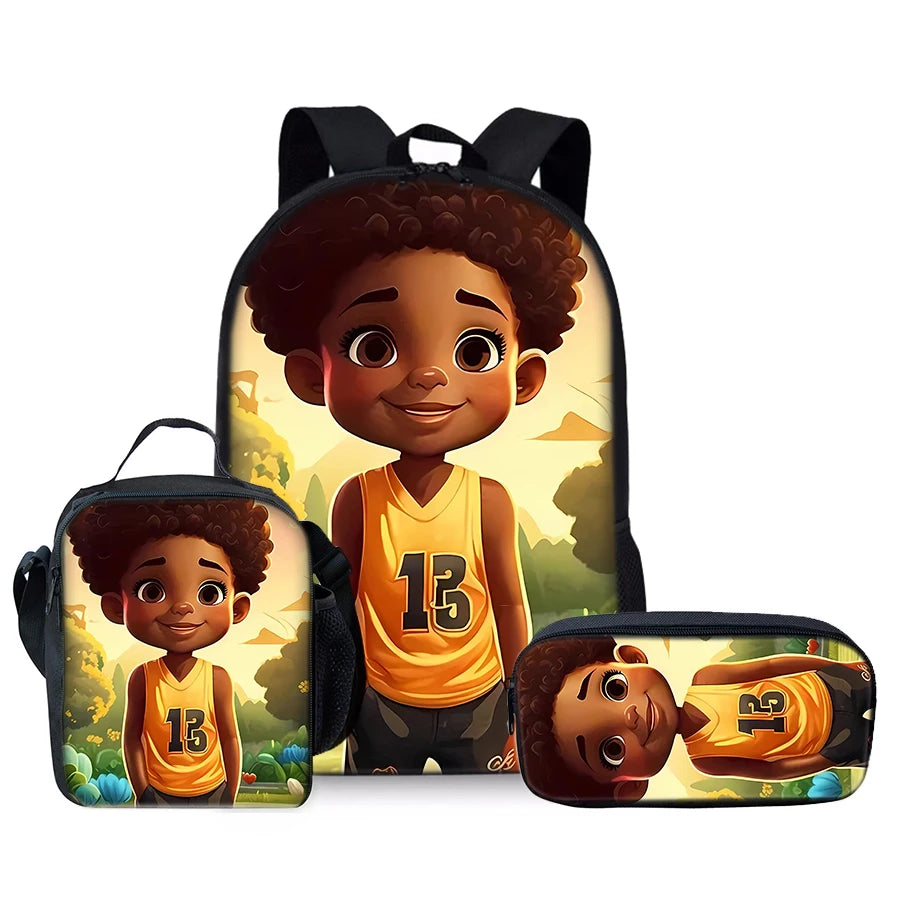 African Boy 3Pcs/Set Backpacks With Lunch Bags ,Pencil Bag,School Bag for Boy/Girls Best Gift 3D Cartoon Student SchoolBags