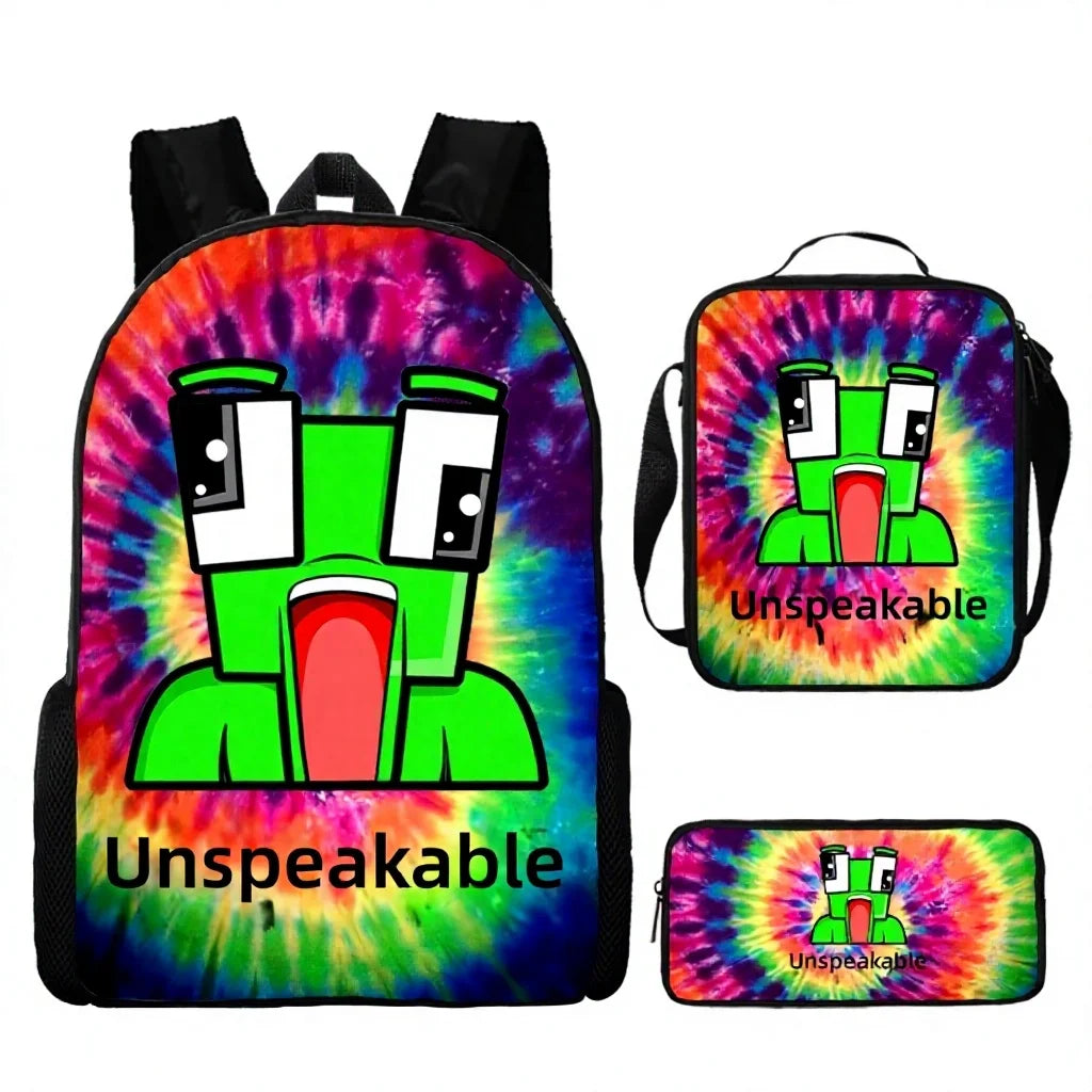Frog-Headed Nylon School Backpack Large Capacity Breathable Ultra-Lightweight Three-Piece Set for Primary Middle School Students
