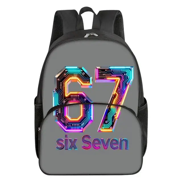 Colorful Number 67 Print Waterproof Polyester 3D Cartoon School Backpack with Front Pocket for Unisex Children