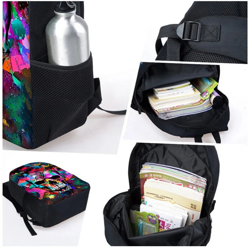 Set Three Unisex Cool Skull Printed Student Backpacks Fashionable Waterproof Polyester Lining Zipper Closure Colorful Stylish