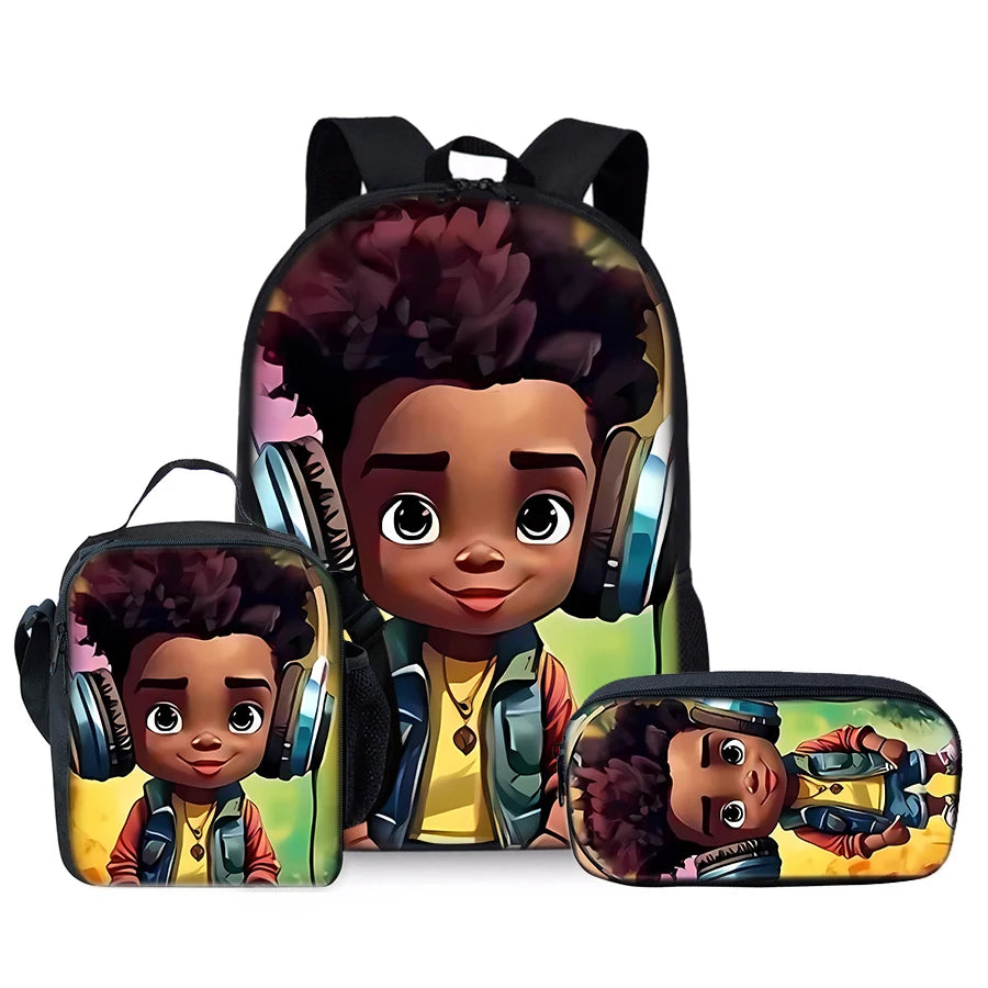 African Boy 3Pcs/Set Backpacks With Lunch Bags ,Pencil Bag,School Bag for Boy/Girls Best Gift 3D Cartoon Student SchoolBags