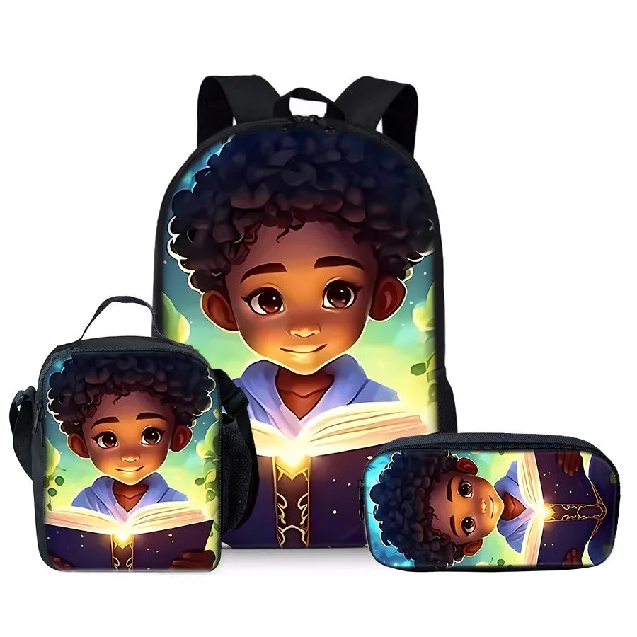 African Boy 3Pcs/Set Backpacks With Lunch Bags ,Pencil Bag,School Bag for Boy/Girls Best Gift 3D Cartoon Student SchoolBags