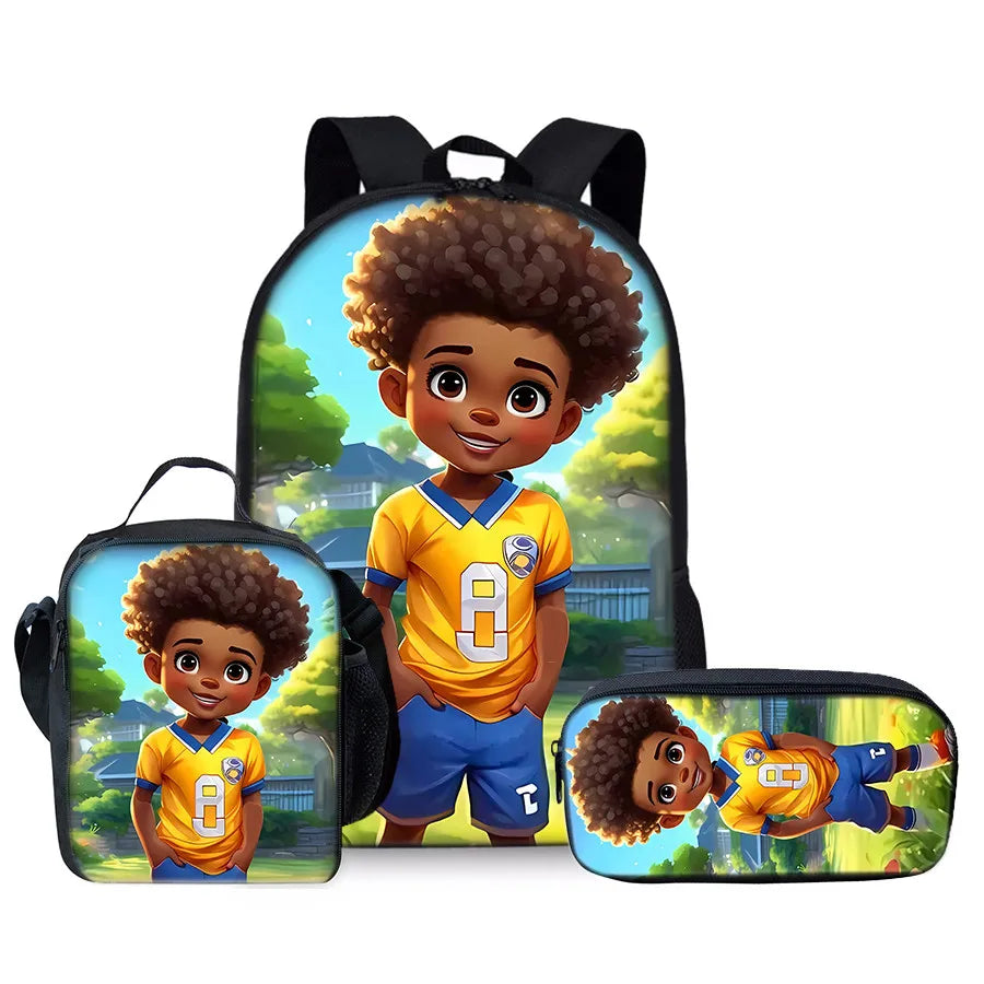 African Boy 3Pcs/Set Backpacks With Lunch Bags ,Pencil Bag,School Bag for Boy/Girls Best Gift 3D Cartoon Student SchoolBags