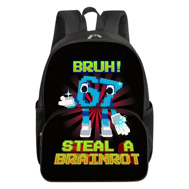 Colorful Number 67 Print Waterproof Polyester 3D Cartoon School Backpack with Front Pocket for Unisex Children