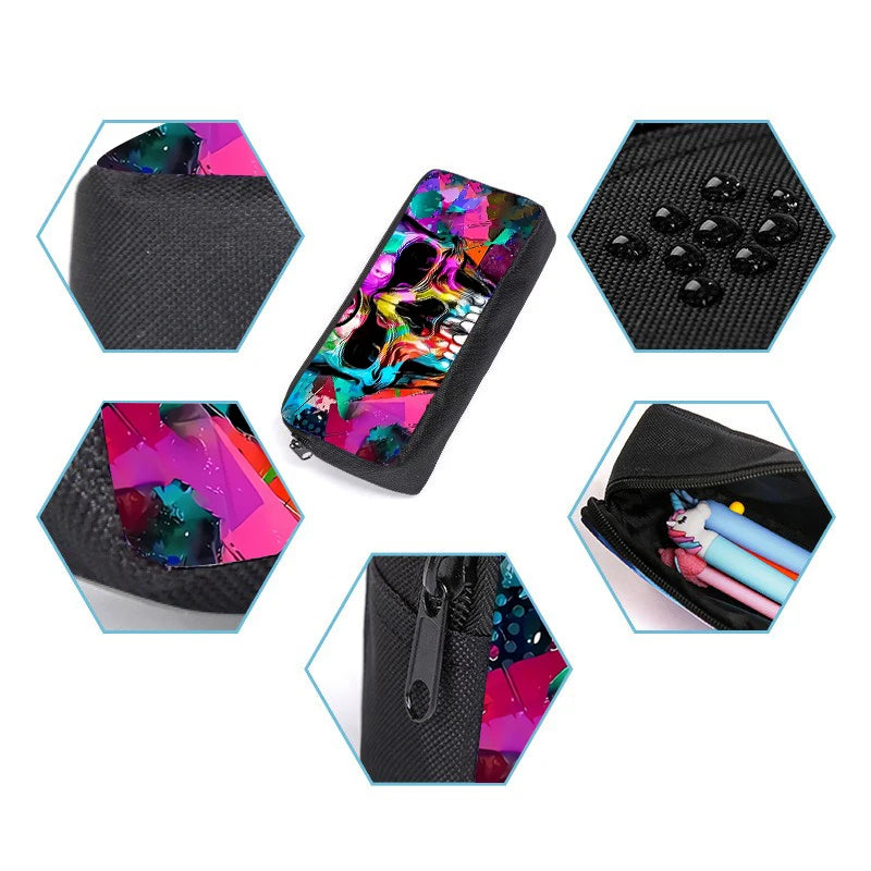 Set Three Unisex Cool Skull Printed Student Backpacks Fashionable Waterproof Polyester Lining Zipper Closure Colorful Stylish