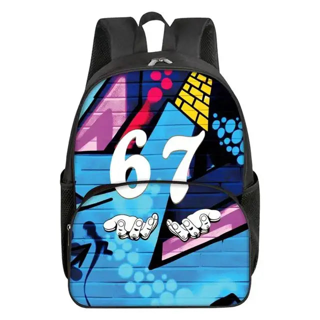 Colorful Number 67 Print Waterproof Polyester 3D Cartoon School Backpack with Front Pocket for Unisex Children
