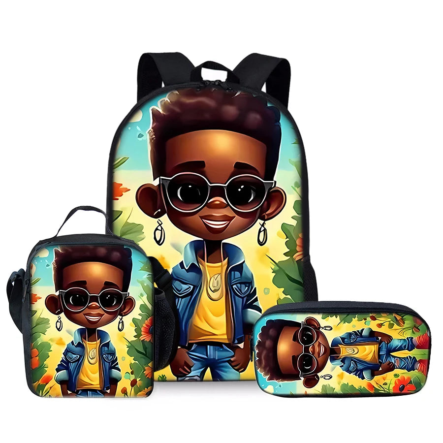 African Boy 3Pcs/Set Backpacks With Lunch Bags ,Pencil Bag,School Bag for Boy/Girls Best Gift 3D Cartoon Student SchoolBags