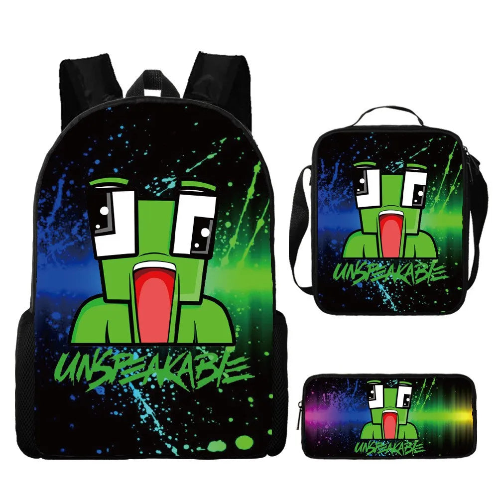 Frog-Headed Nylon School Backpack Large Capacity Breathable Ultra-Lightweight Three-Piece Set for Primary Middle School Students