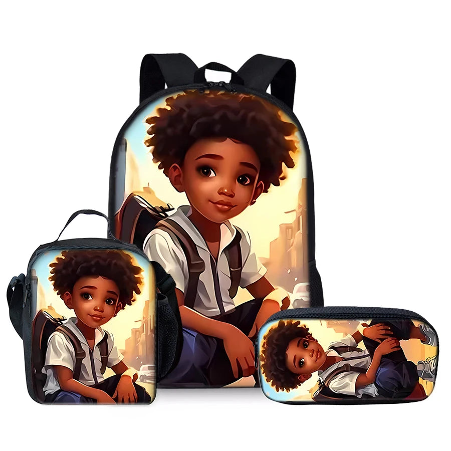 African Boy 3Pcs/Set Backpacks With Lunch Bags ,Pencil Bag,School Bag for Boy/Girls Best Gift 3D Cartoon Student SchoolBags