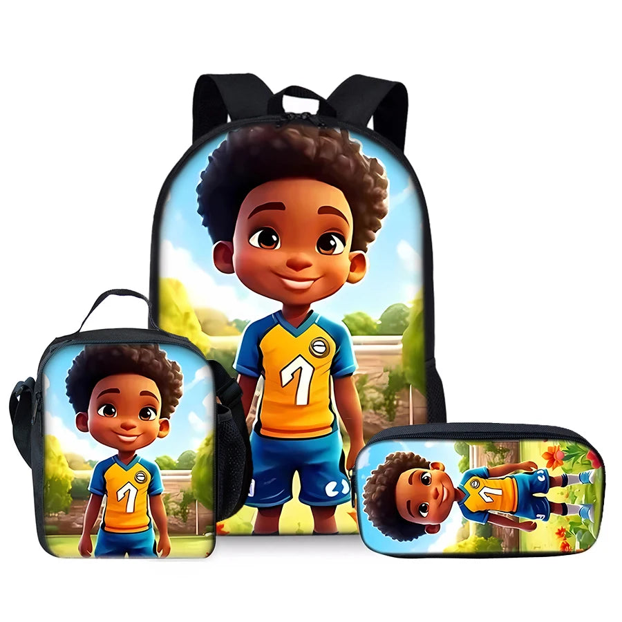 African Boy 3Pcs/Set Backpacks With Lunch Bags ,Pencil Bag,School Bag for Boy/Girls Best Gift 3D Cartoon Student SchoolBags