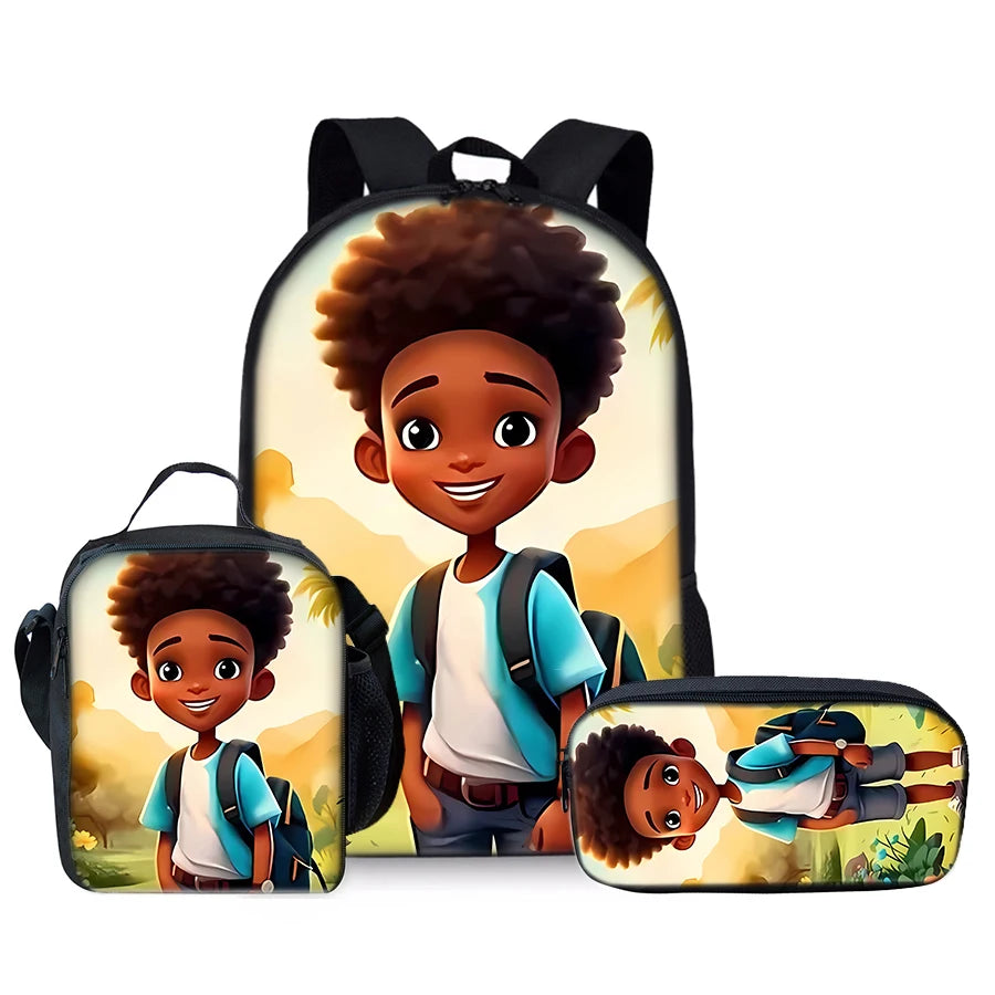 African Boy 3Pcs/Set Backpacks With Lunch Bags ,Pencil Bag,School Bag for Boy/Girls Best Gift 3D Cartoon Student SchoolBags