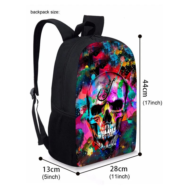 Set Three Unisex Cool Skull Printed Student Backpacks Fashionable Waterproof Polyester Lining Zipper Closure Colorful Stylish