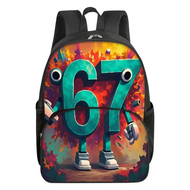 Colorful Number 67 Print Waterproof Polyester 3D Cartoon School Backpack with Front Pocket for Unisex Children