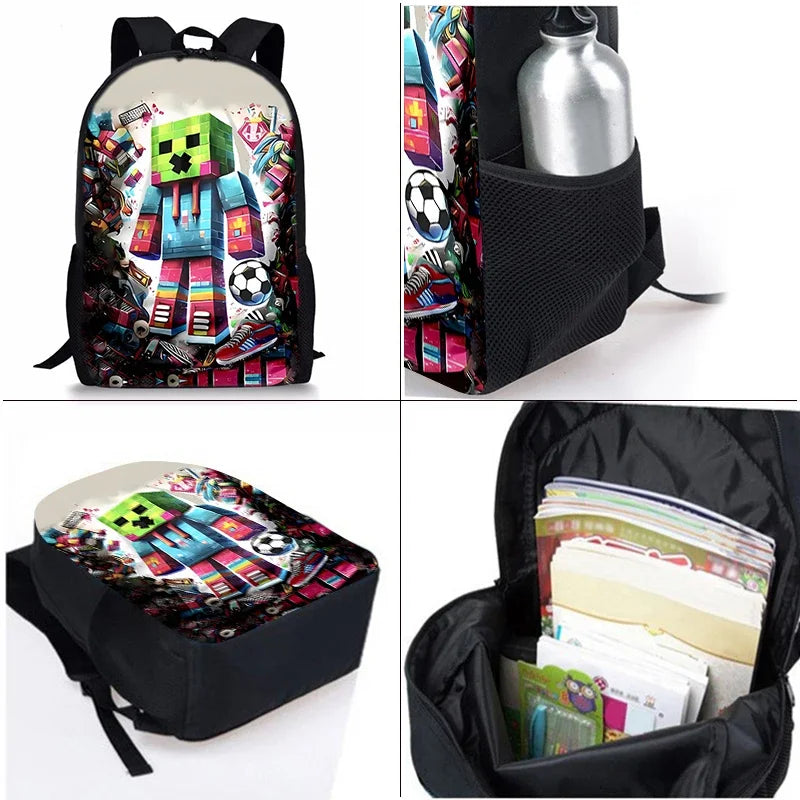 3D Cartoon School Backpack Set Waterproof Game My World Character Three Piece for Boys and Girls Best Gift for Children