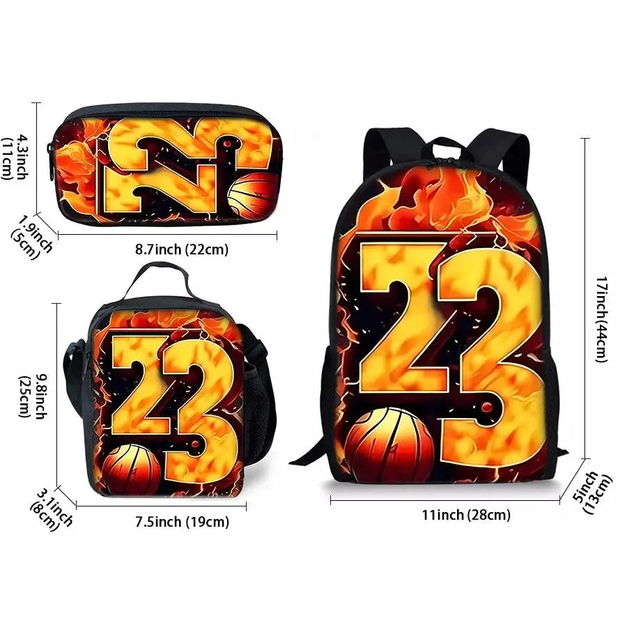 Basketball Number English Three Piece Set Backpacks for Boy and Girls Best Gifts 3D Cartoon School Backpack for Children