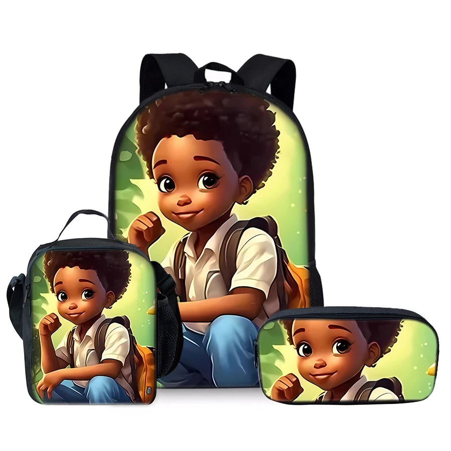 African Boy 3Pcs/Set Backpacks With Lunch Bags ,Pencil Bag,School Bag for Boy/Girls Best Gift 3D Cartoon Student SchoolBags