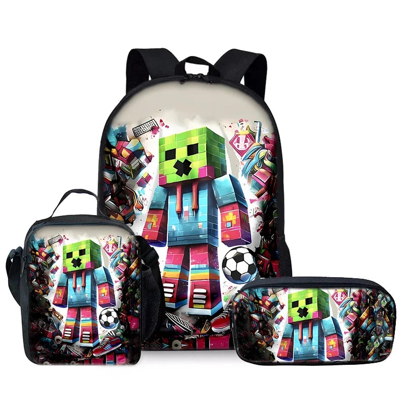 3D Cartoon School Backpack Set Waterproof Game My World Character Three Piece for Boys and Girls Best Gift for Children