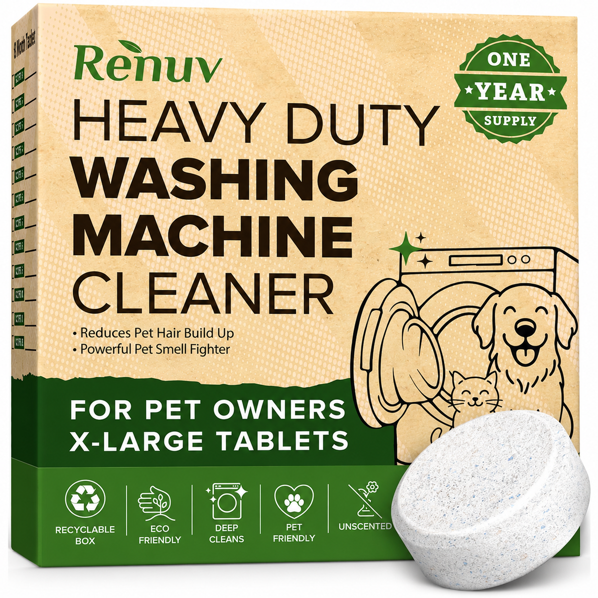 Washing Machine Cleaner for Pet Hair & Odor - 12 XL Tablets