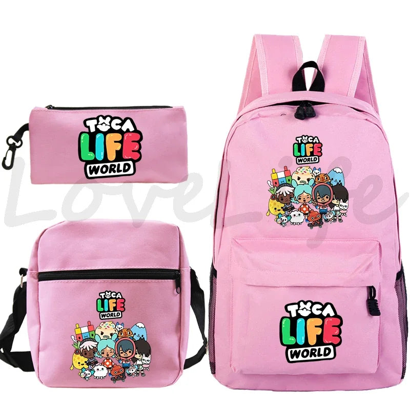 Toca Life World Backpack 3pcs Set Cute Girls Cartoon School Bags Travel Bag Toca Boca Print Bookbag Kids Anime Rucksack Mochila