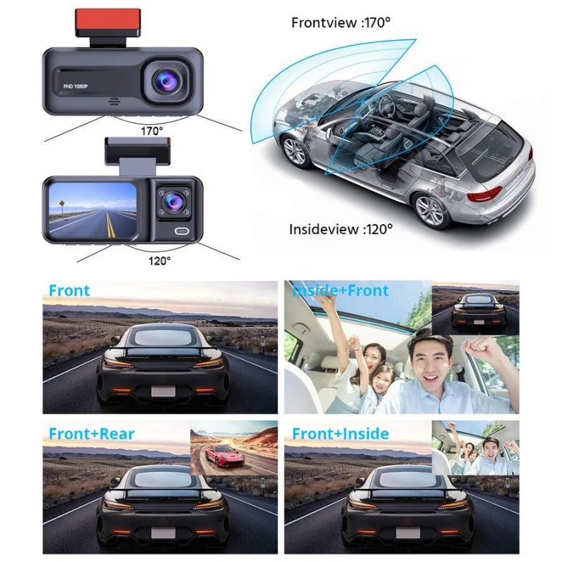 Dash Cam W/ IR Night Vision Loop Recording & 2' IPS Screen 1080P 3 Camera, DVR Recorder, Video Recorder, Vehicle DVR