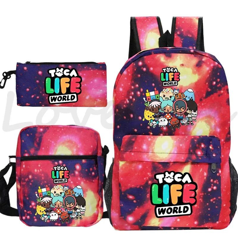 Toca Life World Backpack 3pcs Set Cute Girls Cartoon School Bags Travel Bag Toca Boca Print Bookbag Kids Anime Rucksack Mochila
