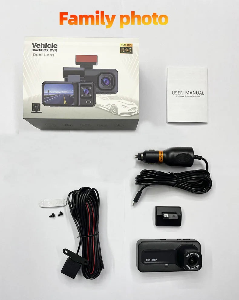 Dash Cam W/ IR Night Vision Loop Recording & 2' IPS Screen 1080P 3 Camera, DVR Recorder, Video Recorder, Vehicle DVR