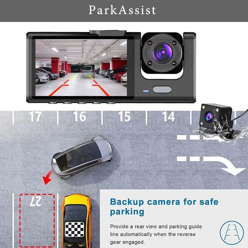 2.0Inch Car DVR Dash Cam HD Dash Camera Three Way Lens Video Recorder 1080P Black Box Cycle Recording Dashcam Camcorder