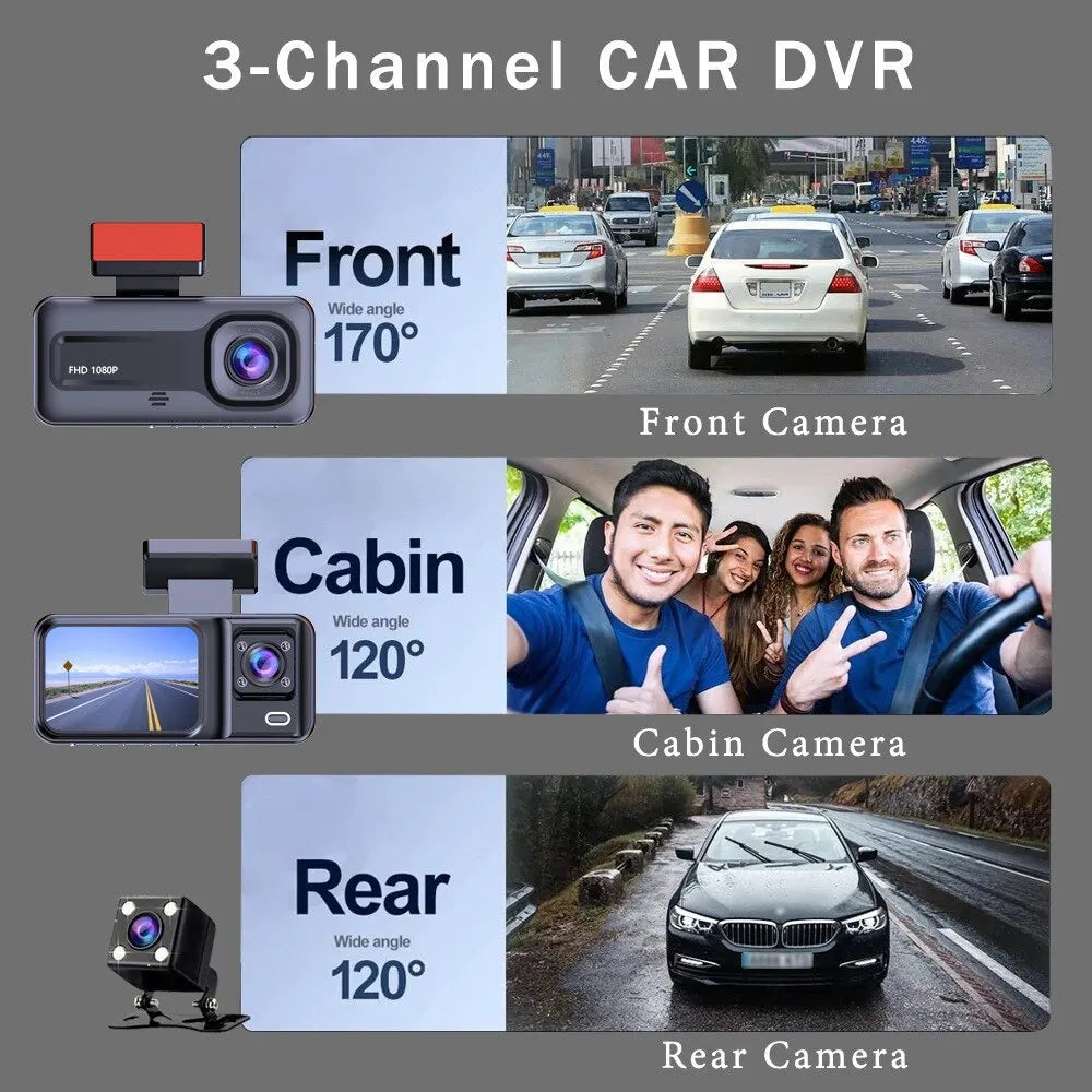 Dash Cam W/ IR Night Vision Loop Recording & 2' IPS Screen 1080P 3 Camera, DVR Recorder, Video Recorder, Vehicle DVR