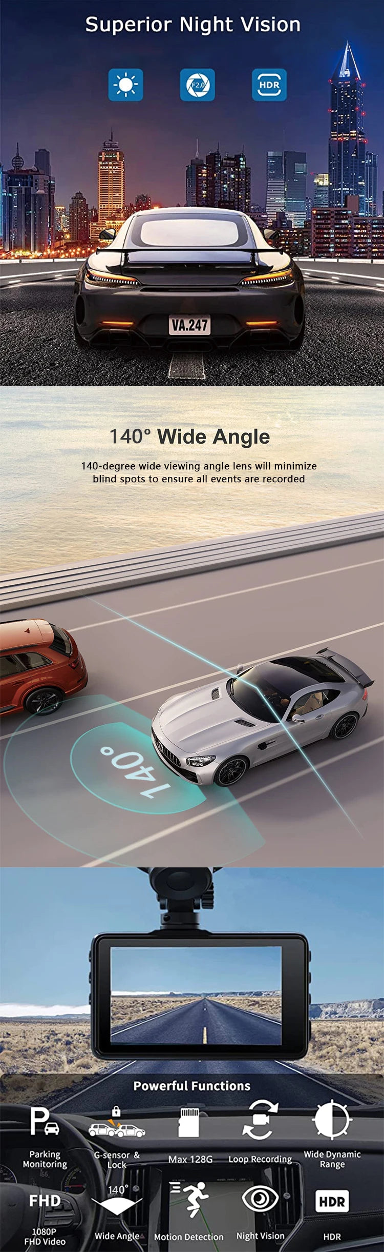 Dual Car Dash Camera TSS-S10, Full HD, 170 Degree Wide Angle, 2" LCD Display, G-Sensor, Motion Detection, Night Vision, Memory C