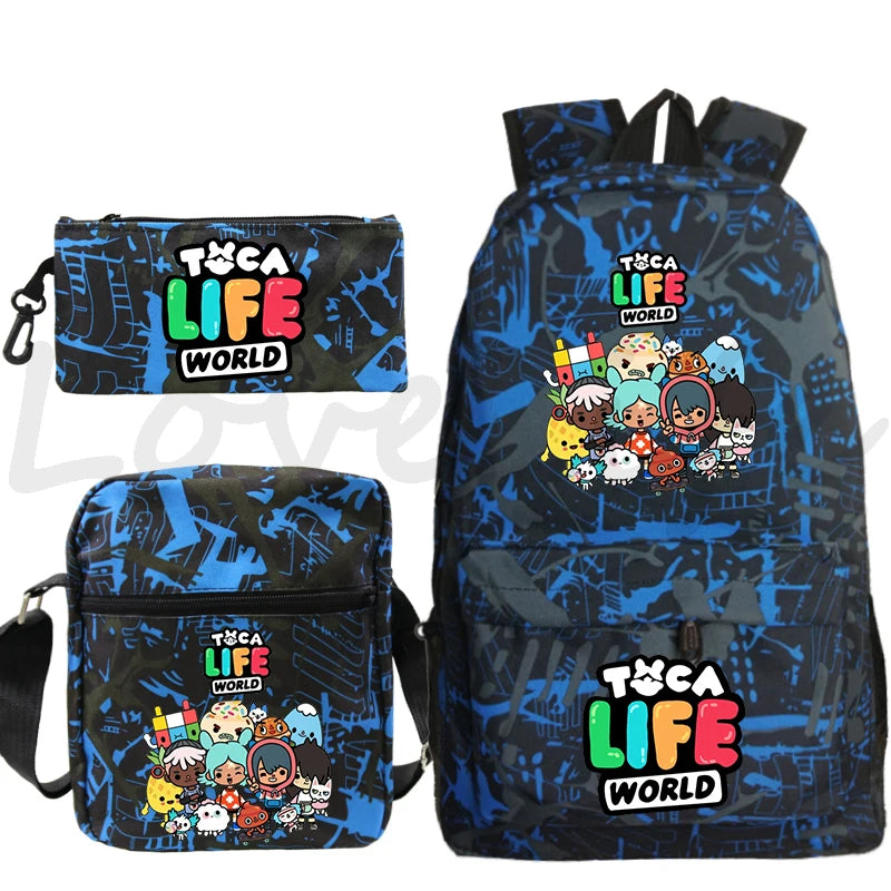 Toca Life World Backpack 3pcs Set Cute Girls Cartoon School Bags Travel Bag Toca Boca Print Bookbag Kids Anime Rucksack Mochila